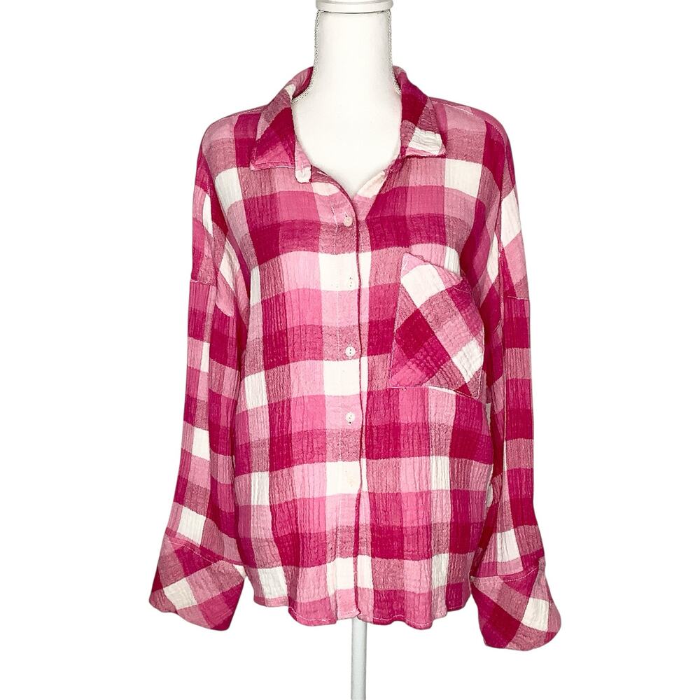 Sanctuary Mod Pink Plaid Buffalo Check Long Sleeve Boyfriend Button Front Shirt